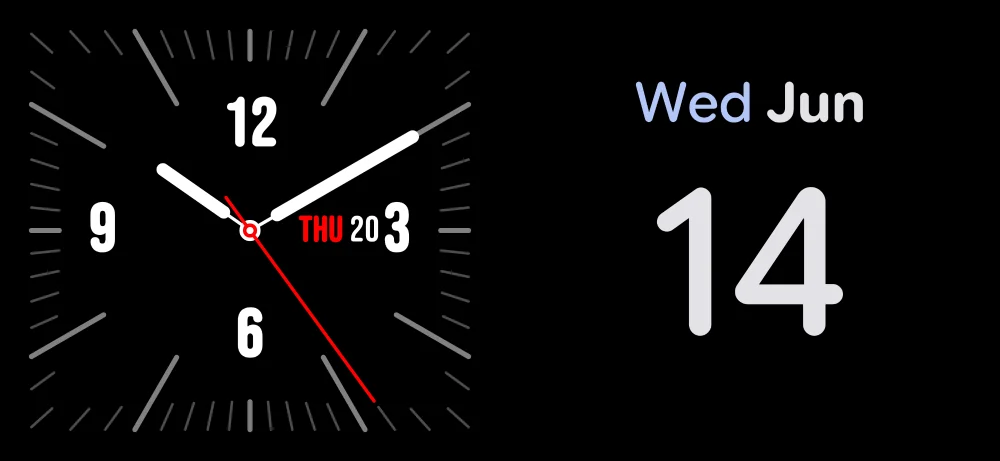 StandBy Duo showing a black analog clock and a mini calendar side by side