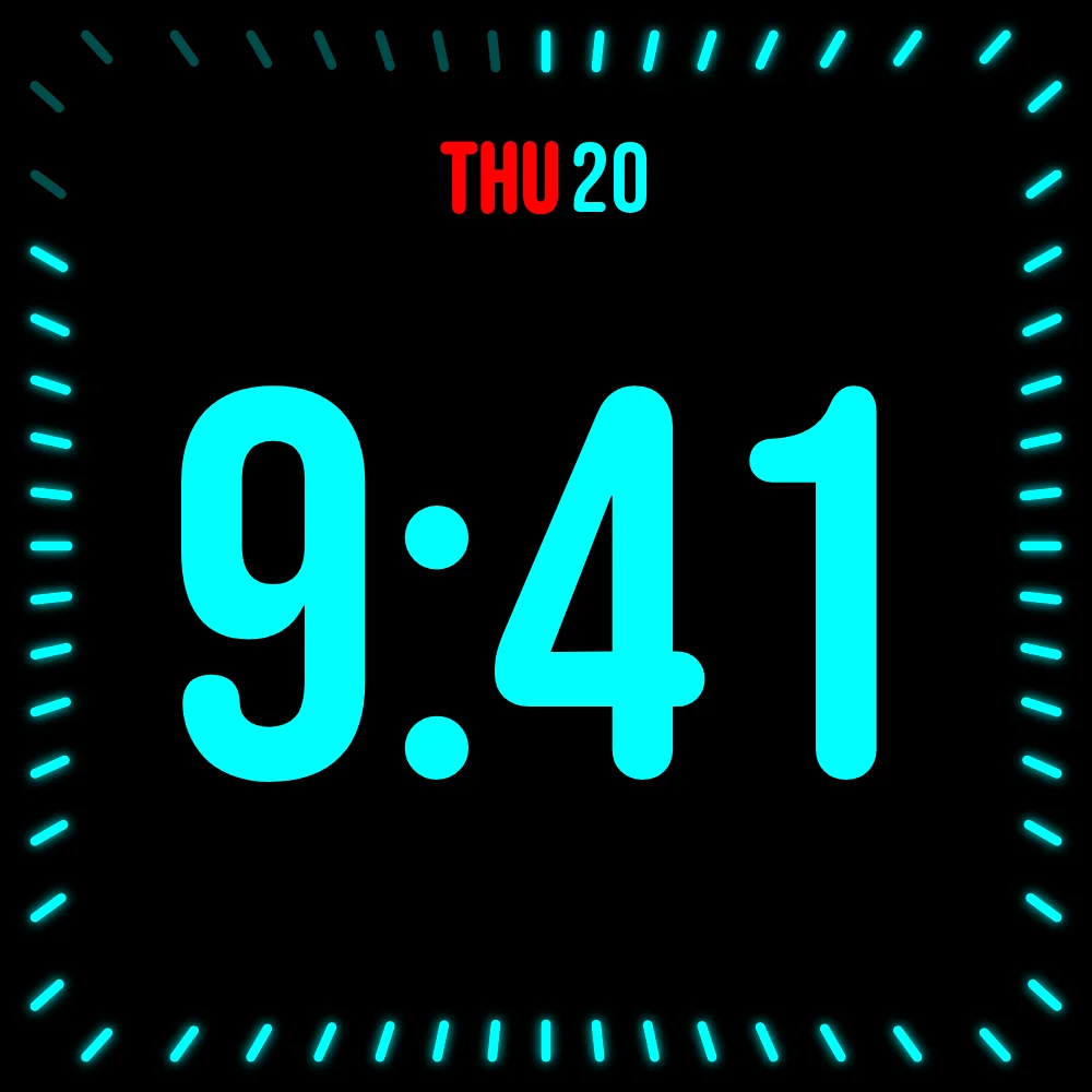 Neon cyan digital StandBy clock with a glowing radial tick ring