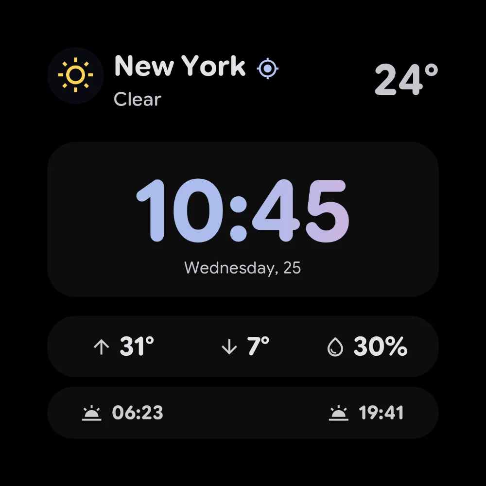 StandBy screen combining a large clock with weather stats